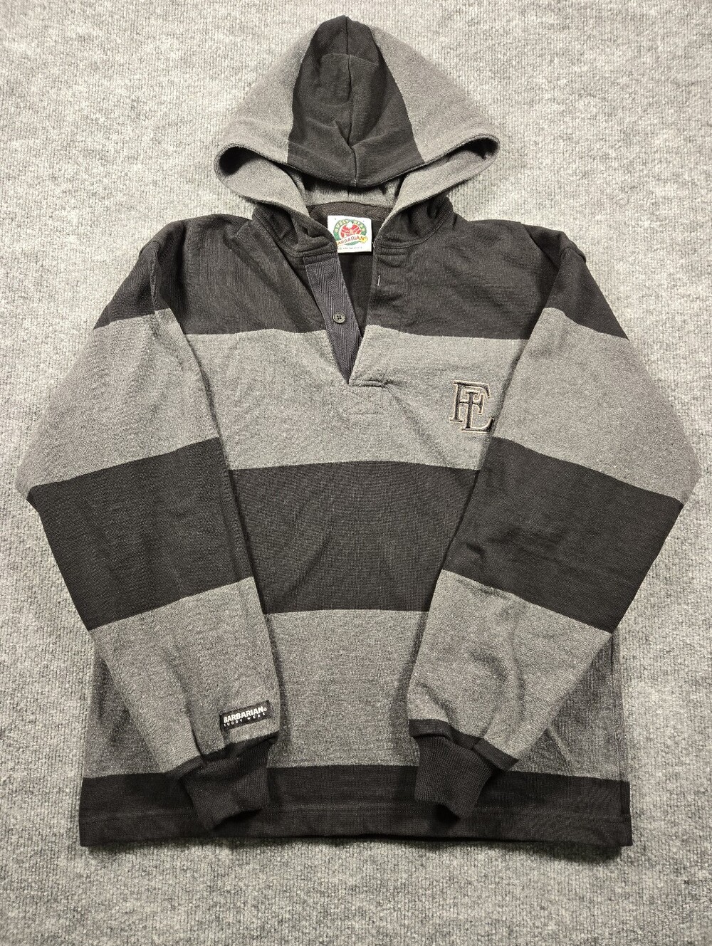 ​Barbarian Rugby Wear Striped Hoodie Small Vintage Canada Black Grey HeavyCotton